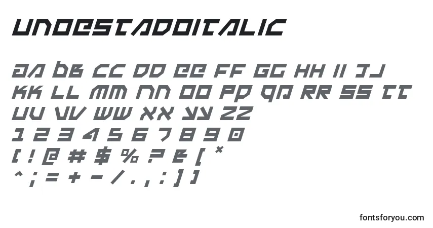 Czcionka UnoEstadoItalic – alfabet, cyfry, specjalne znaki