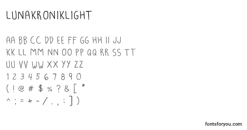 Czcionka Lunakroniklight – alfabet, cyfry, specjalne znaki