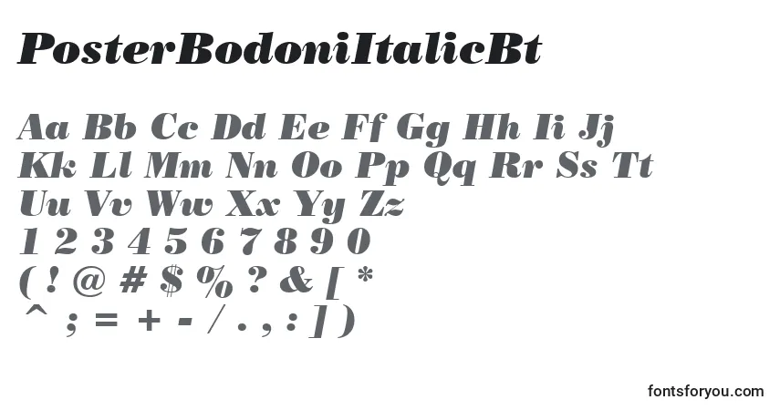 Schriftart PosterBodoniItalicBt – Alphabet, Zahlen, spezielle Symbole