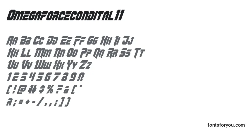 Schriftart Omegaforcecondital11 – Alphabet, Zahlen, spezielle Symbole