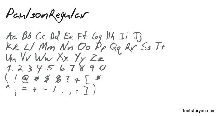 A fonte PaulsonRegular – alfabeto, números, caracteres especiais