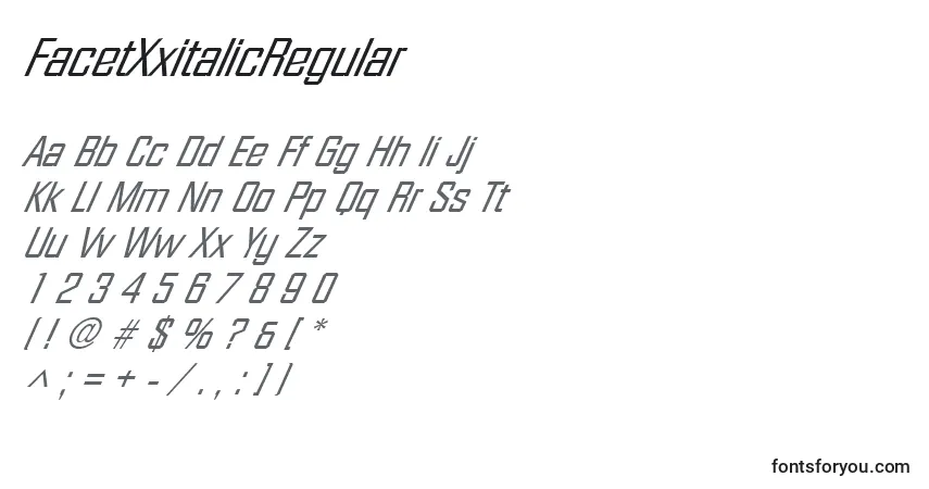 A fonte FacetXxitalicRegular – alfabeto, números, caracteres especiais