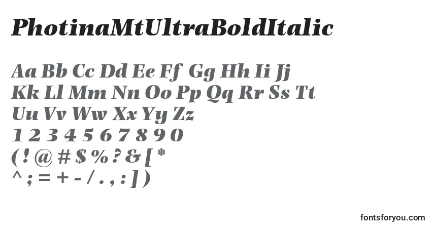A fonte PhotinaMtUltraBoldItalic – alfabeto, números, caracteres especiais