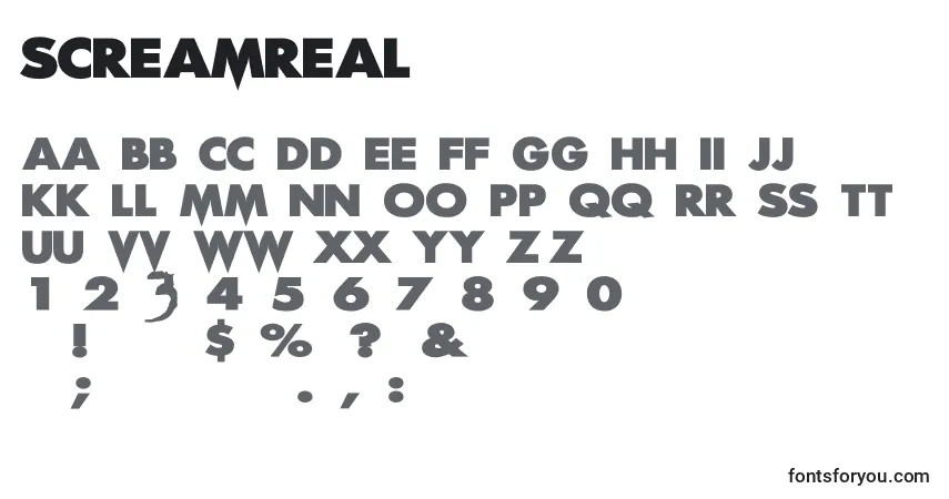 Czcionka ScreamReal – alfabet, cyfry, specjalne znaki