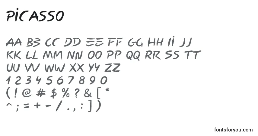 Czcionka Picasso – alfabet, cyfry, specjalne znaki