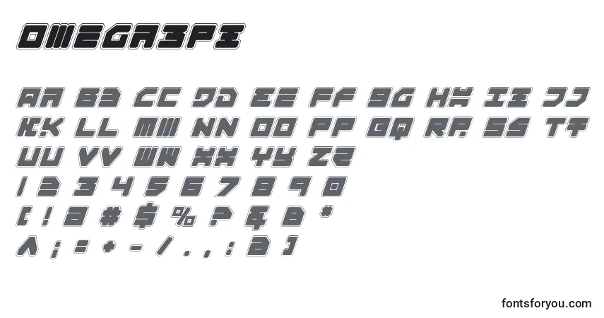 Schriftart Omega3pi – Alphabet, Zahlen, spezielle Symbole