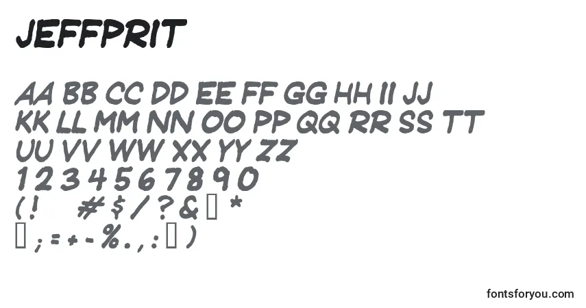 A fonte Jeffprit – alfabeto, números, caracteres especiais