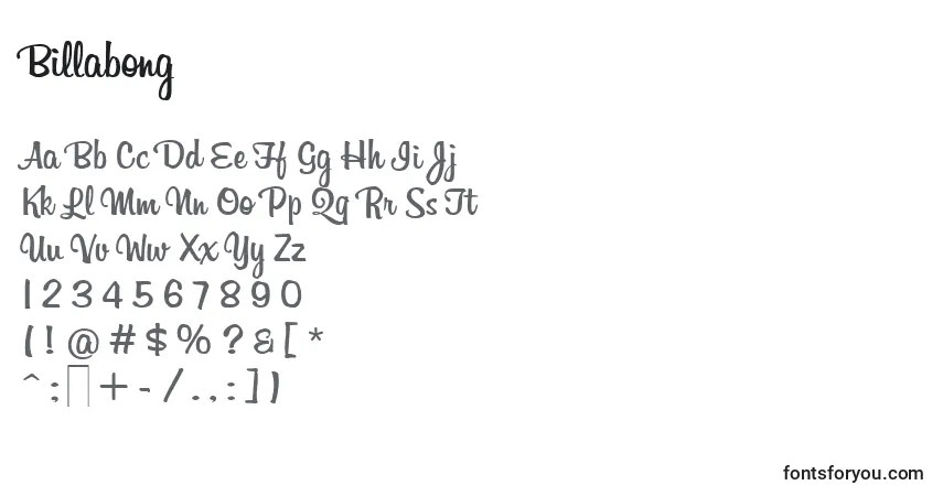 Schriftart Billabong – Alphabet, Zahlen, spezielle Symbole