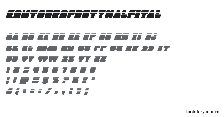 Czcionka Contourofdutyhalfital – alfabet, cyfry, specjalne znaki
