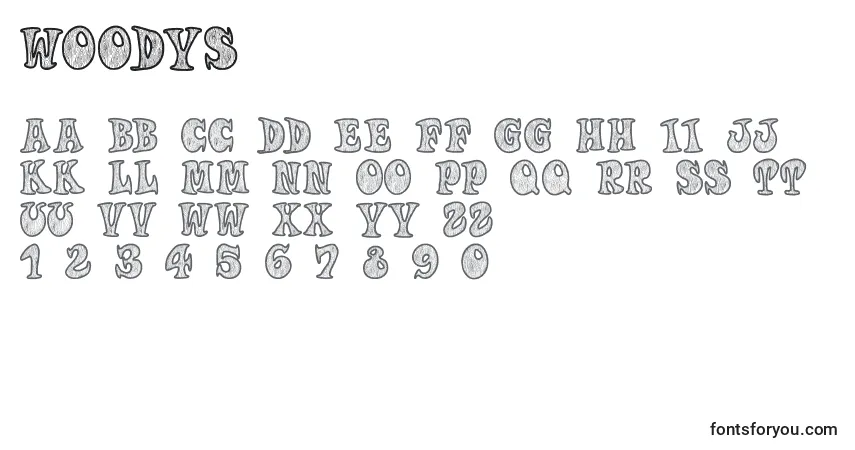 Schriftart Woodys (29116) – Alphabet, Zahlen, spezielle Symbole