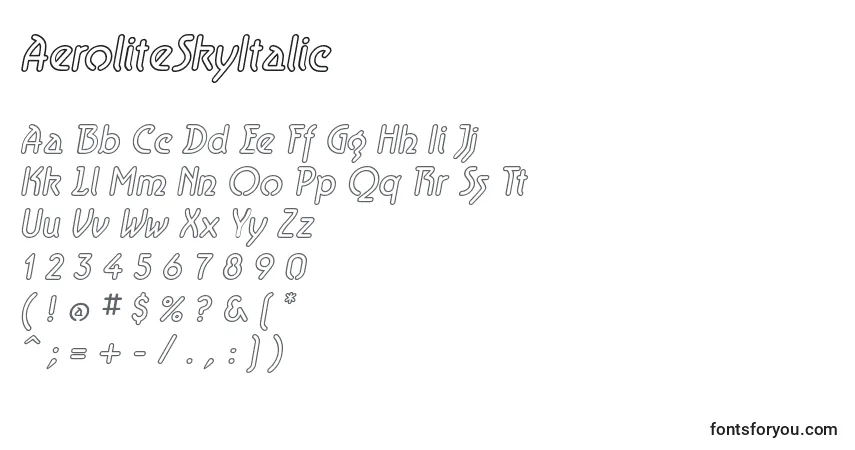A fonte AeroliteSkyItalic – alfabeto, números, caracteres especiais