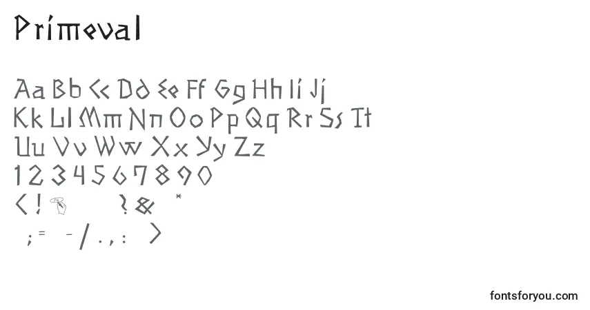 Schriftart Primeval – Alphabet, Zahlen, spezielle Symbole