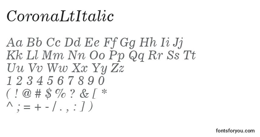 A fonte CoronaLtItalic – alfabeto, números, caracteres especiais