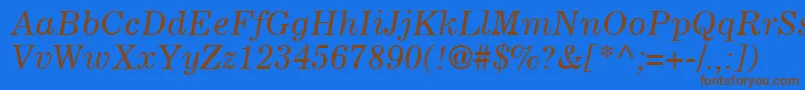 フォントCoronaLtItalic – 茶色の文字が青い背景にあります。