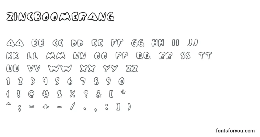 Schriftart ZincBoomerang – Alphabet, Zahlen, spezielle Symbole