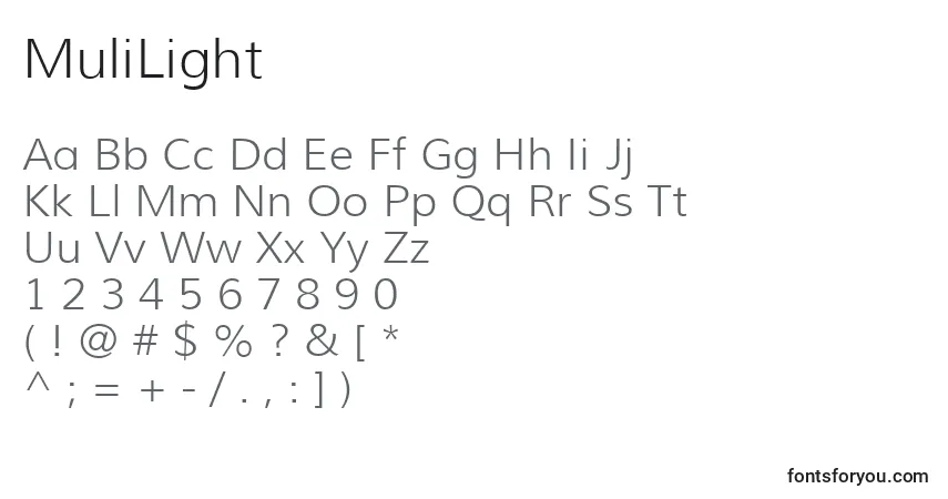 MuliLight-fontti – aakkoset, numerot, erikoismerkit