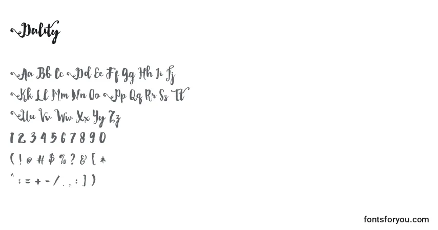 Schriftart Dality (29168) – Alphabet, Zahlen, spezielle Symbole
