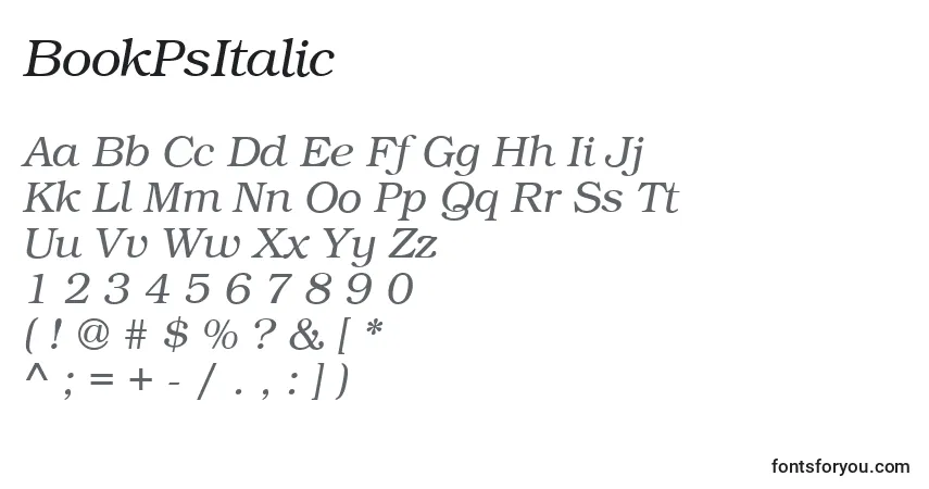 Czcionka BookPsItalic – alfabet, cyfry, specjalne znaki
