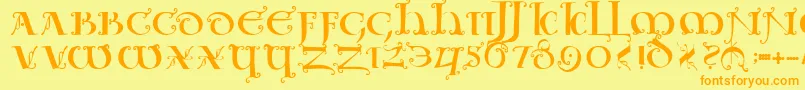 Uncialeornamentale-Schriftart – Orangefarbene Schriften auf gelbem Hintergrund