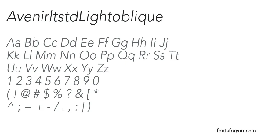 A fonte AvenirltstdLightoblique – alfabeto, números, caracteres especiais