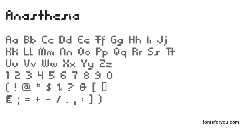 Czcionka Anasthesia – alfabet, cyfry, specjalne znaki