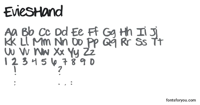 Czcionka EvieSHand – alfabet, cyfry, specjalne znaki
