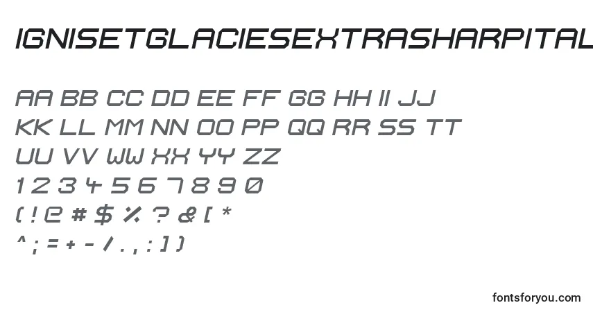 Шрифт IgnisEtGlaciesExtraSharpItalic – алфавит, цифры, специальные символы