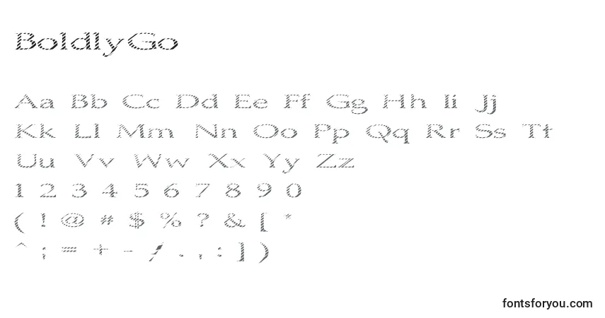 A fonte BoldlyGo – alfabeto, números, caracteres especiais