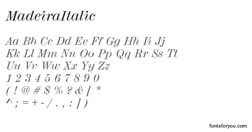 Schriftart MadeiraItalic – Alphabet, Zahlen, spezielle Symbole