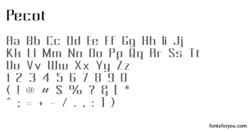 A fonte Pecot – alfabeto, números, caracteres especiais