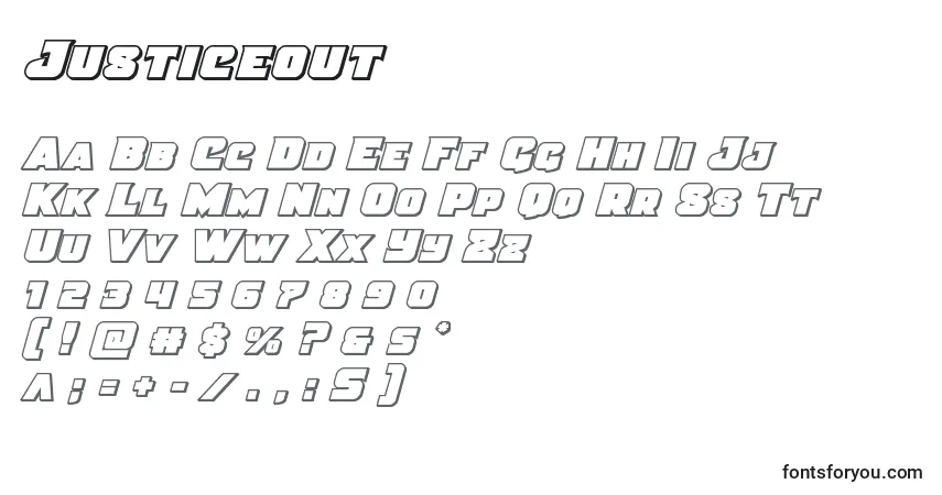 Czcionka Justiceout – alfabet, cyfry, specjalne znaki