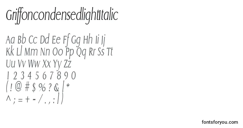 A fonte GriffoncondensedlightItalic – alfabeto, números, caracteres especiais