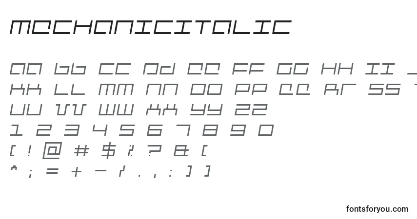 Шрифт MechanicItalic – алфавит, цифры, специальные символы