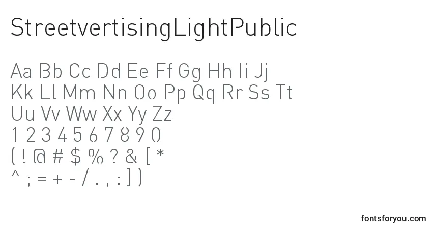 A fonte StreetvertisingLightPublic – alfabeto, números, caracteres especiais