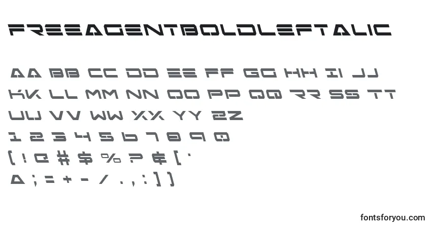 Schriftart FreeAgentBoldLeftalic – Alphabet, Zahlen, spezielle Symbole