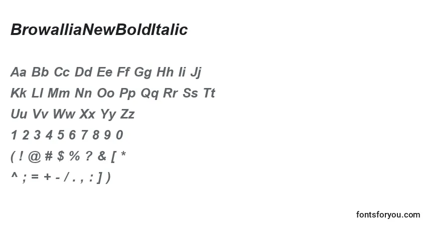 A fonte BrowalliaNewBoldItalic – alfabeto, números, caracteres especiais