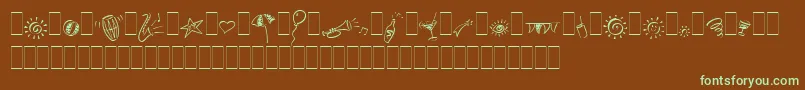 PartyPiLetPlain.1.0フォントについての詳細 フォントPartyPiLetPlain.1.0 – 緑色の文字が茶色の背景にあります。