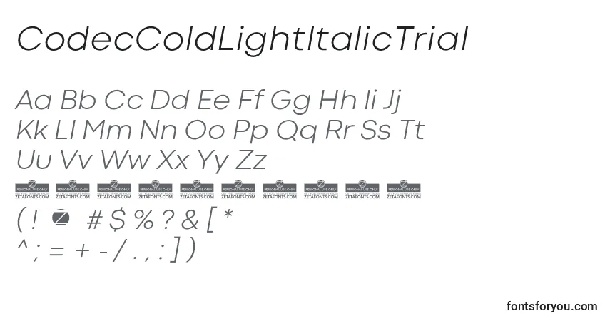Schriftart CodecColdLightItalicTrial – Alphabet, Zahlen, spezielle Symbole