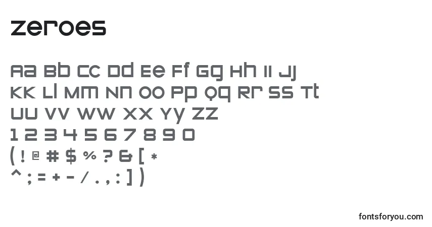 Czcionka Zeroes – alfabet, cyfry, specjalne znaki