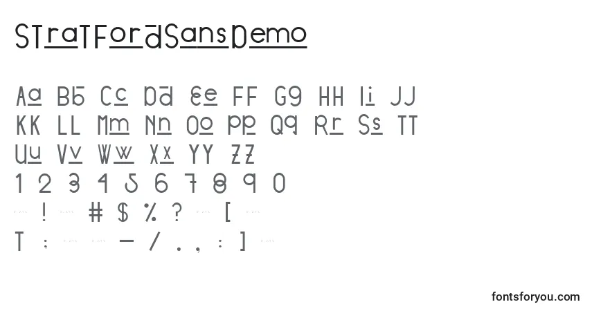 A fonte StratfordSansDemo – alfabeto, números, caracteres especiais