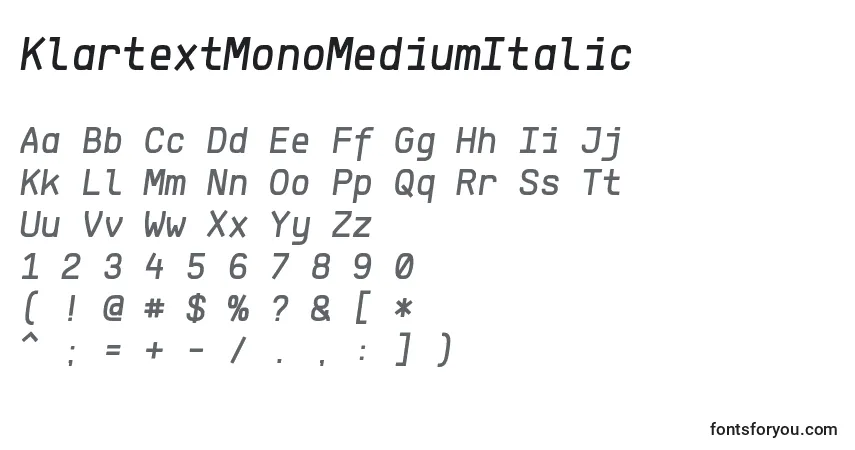Czcionka KlartextMonoMediumItalic – alfabet, cyfry, specjalne znaki
