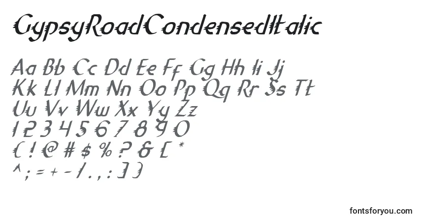 Czcionka GypsyRoadCondensedItalic – alfabet, cyfry, specjalne znaki