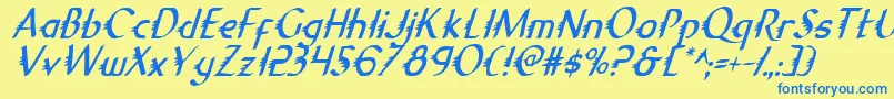 フォントGypsyRoadCondensedItalic – 青い文字が黄色の背景にあります。