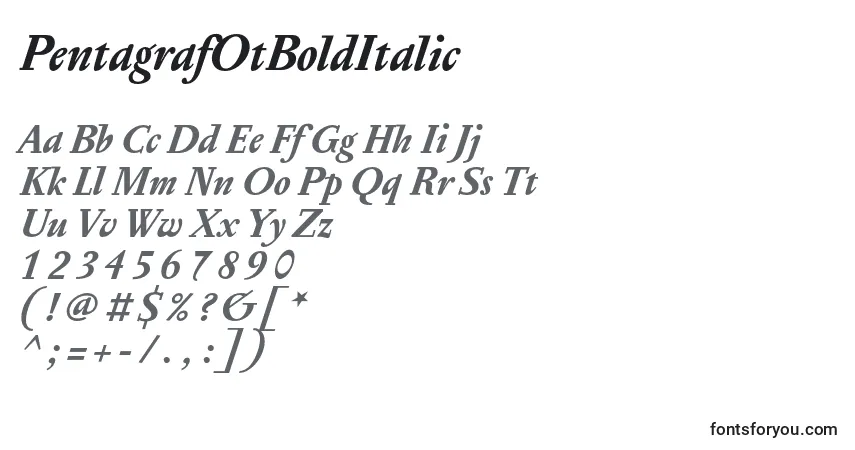 Schriftart PentagrafOtBoldItalic – Alphabet, Zahlen, spezielle Symbole
