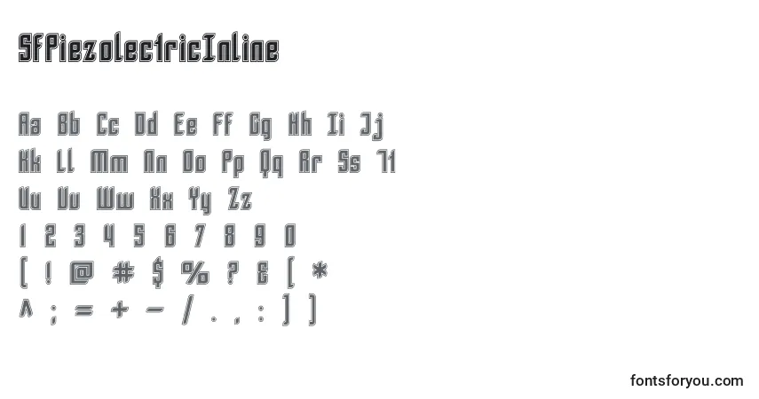 A fonte SfPiezolectricInline – alfabeto, números, caracteres especiais