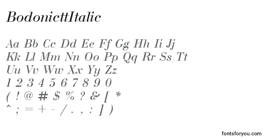 Czcionka BodonicttItalic – alfabet, cyfry, specjalne znaki