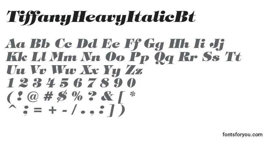 A fonte TiffanyHeavyItalicBt – alfabeto, números, caracteres especiais