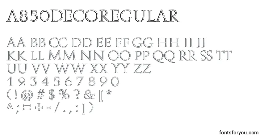 Schriftart A850DecoRegular – Alphabet, Zahlen, spezielle Symbole