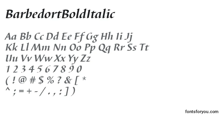 A fonte BarbedortBoldItalic – alfabeto, números, caracteres especiais