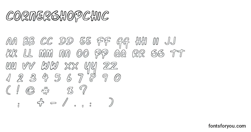 Schriftart Cornershopchic – Alphabet, Zahlen, spezielle Symbole
